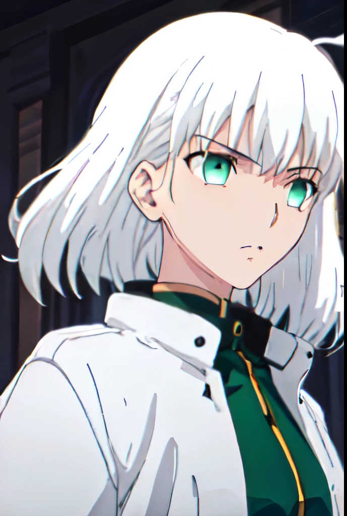 1girl, white hair girl without front hair, bangs, emerald eyes, confused, coat