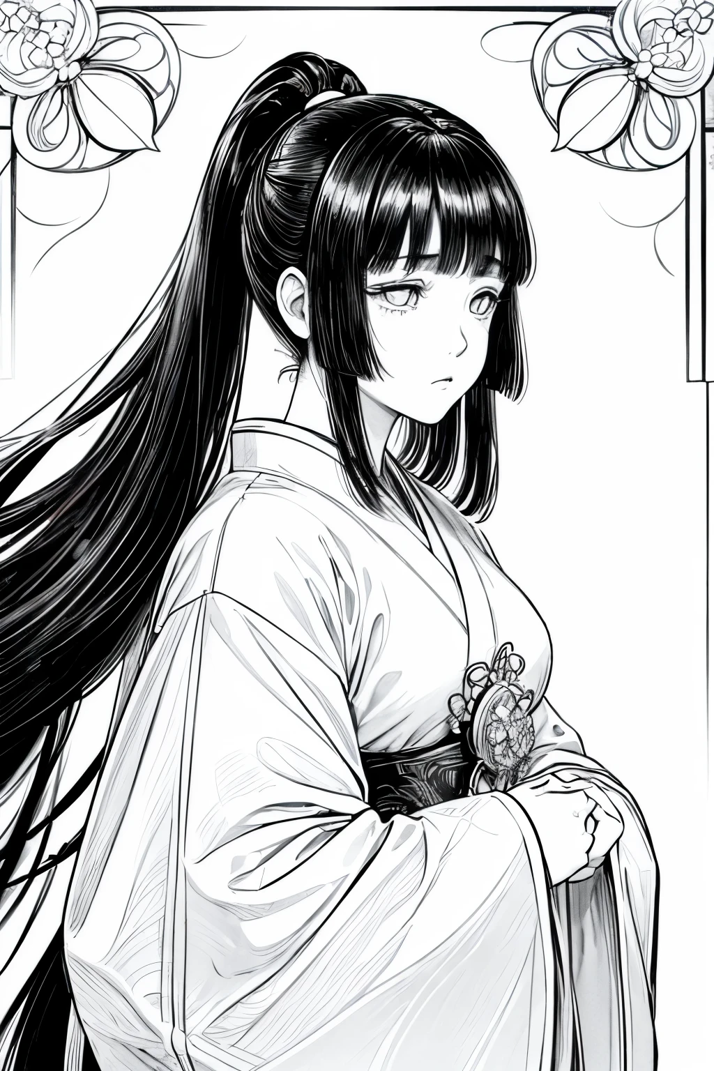 (Cloisonnism:1.2), White background, (post renaissance stained glass aesthetic:1), 1 Long haired Japanese girl ponytail head, no bangs, black hair, ((eyes full of melancholy and unbidden longing for a love lost:1.2)), Japanese Edo period elements and aesthetics, reasonable design, Clear lines, (lineart, monochrome)