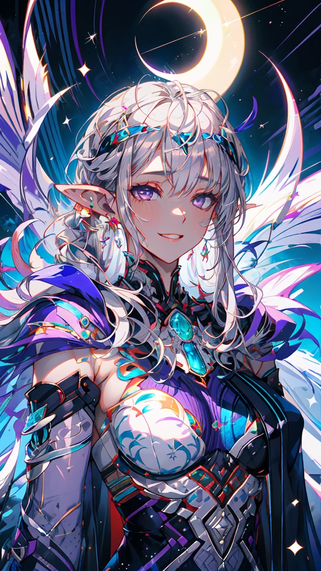 portrait of a dark elf, ((dark skin)), medium length pointy ears, moonlight particals, moonlight aura,(shiny purple eyes:1.2), (silver flowing hair:1.3),light cold smile, cold face, sexy Romanian style costume,( silver jewelry), purple glowing tattoos, mature body,Detailed,Realistic,4k highly detail,by Mappa studios,masterpiece,best quality,official art,illustration,ligne claire,(cool_color),perfect composition,fantasy,focused,rule of third