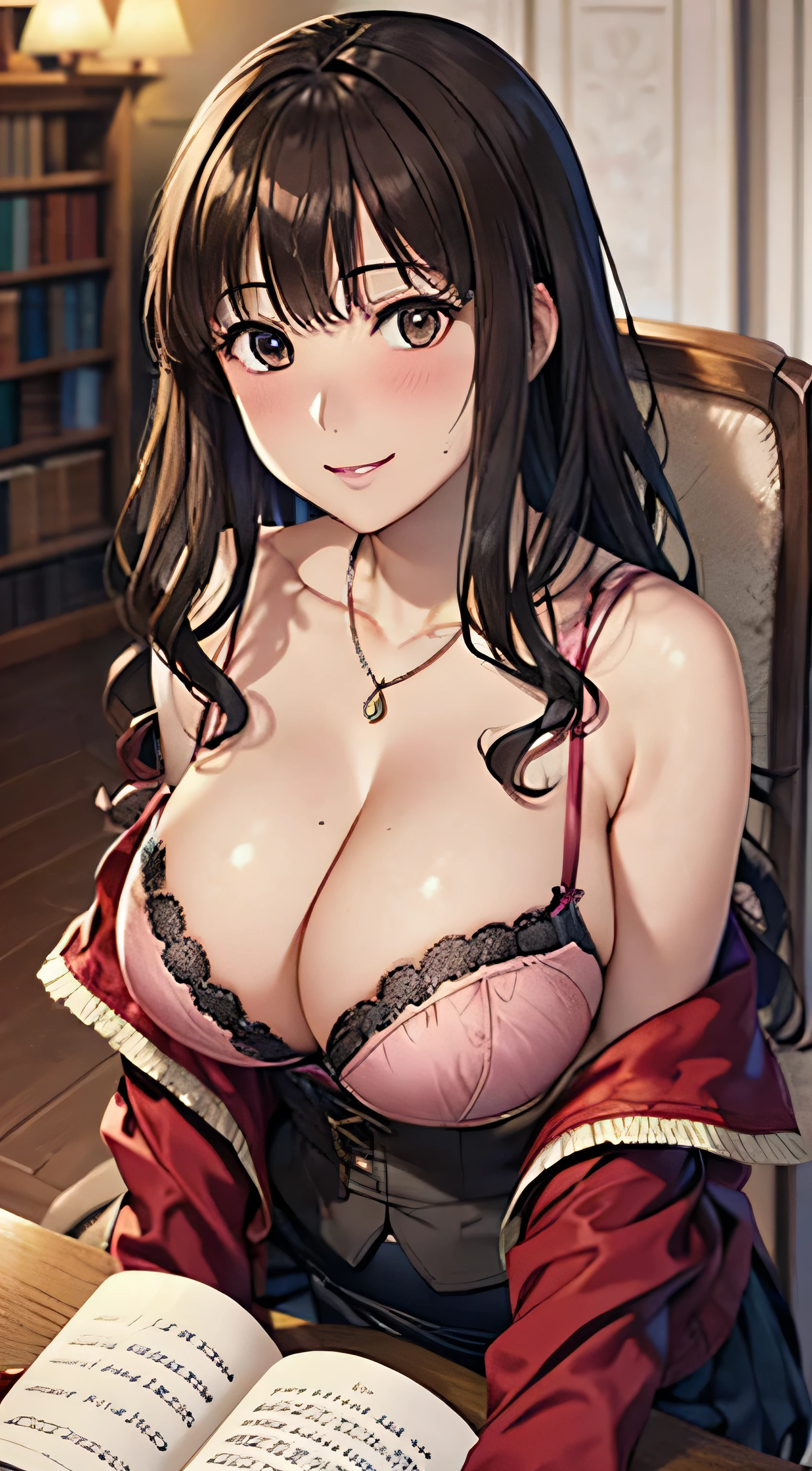 ((Tabletop, highest quality, High resolution, , Pixel Perfect, 4K, ))), Beautiful woman,, alone, beauty、The whole body is visible、 (((Sexy Witch Cosplay), Long dark blonde wavy hair、Off-the-shoulder jacket,　Dark blue flared skirt、Black knee-high stockings、Gorgeous hair ornament、Gorgeous necklace、Mid-wave hair, bangs, Brown Hair)), ((Brown eyes, Beautiful eyelashes, Realistic eyes)), ((Detailed face, Blushing:1.2)), ((Smooth texture:0.75, Realistic texture:0.65, Realistic:1.1, Anime CG Style)), Center of chest, Dynamic Angle, Perfect body, ((,)), Showing cleavage、No bra、Very embarrassing panic smile, 、Big castle library、Sit on a chair、A large magic book on a desk、Lean on the desk、、(、、Pink lace bra and panties are visible、)、Angle from below