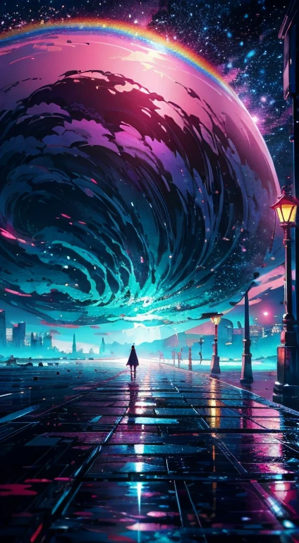 Anime girl standing in big city looking at rainbow sky,Near Future City、 Makoto Shinkai Cyril Rolando, Anime art wallpaper 4k, Anime art wallpaper 4k, Anime art wallpaper 8k, Inspired by Cyril Rolando, in the style dan mumford artwork, Amazing wallpapers, By Yuumei，Giant moving castle