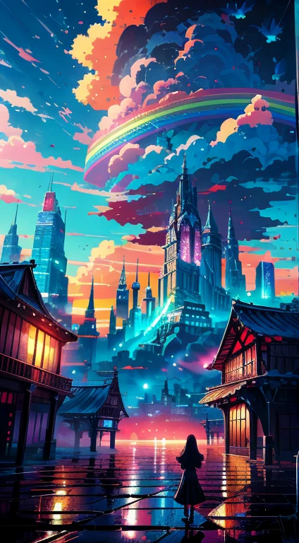 Anime girl standing in big city looking at rainbow sky,Near Future City、 Makoto Shinkai Cyril Rolando, Anime art wallpaper 4k, Anime art wallpaper 4k, Anime art wallpaper 8k, Inspired by Cyril Rolando, in the style dan mumford artwork, Amazing wallpapers, By Yuumei,Giant moving castle