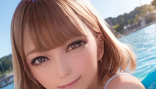Blue sky、White Entrance Cloud、blue sea、Calm, clear water surface、(A girl straddling a surfboard floating on the water)、Holding oars、High leg bikini、Big Breasts、Bob Hair、Brown Hair、masterpiece、Highest quality、highest quality、16k、Highest photo quality、Detailed Background、Anatomically correct、Beautiful face、Lustrous skin、Accurate Face、Accurate body、Accurate limbs、Accurate Fingers、Wide-angle view、View the whole view、
