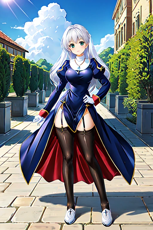 priestRO, long sleeves, pantyhose, thighhighs, garter belt, shoes, long dress, puffy sleeves, turtleneck,
necklace, cross necklace,
white hair, green eye, long skirt, white gloves, long hair, wavy hair,
standing, hands on hip,
looking at viewer, happy, smile,
outdoor, brick floor, fountain, stone castle background, garden, town, blue sky, sun, cloud,