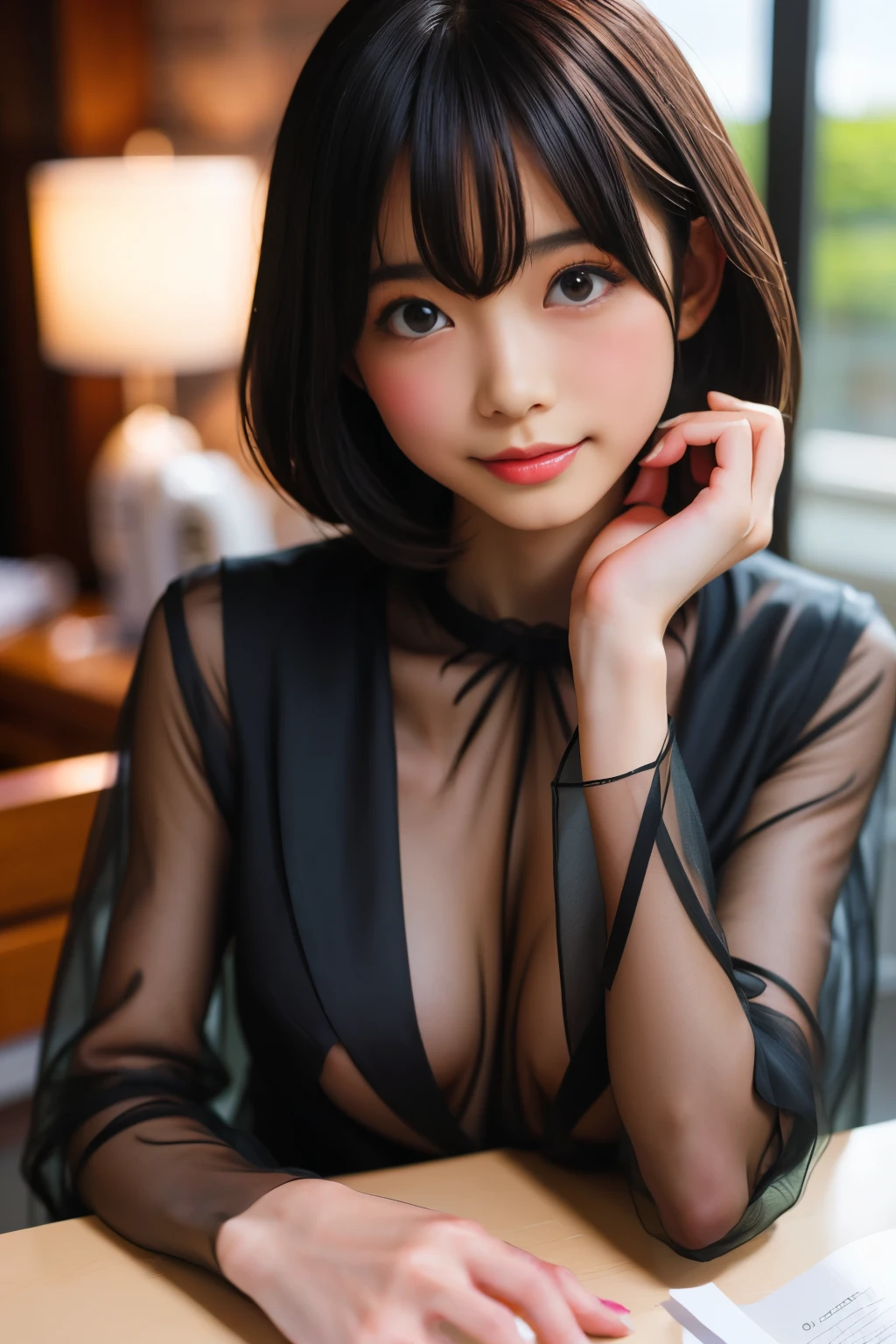 coat , masterpiece , highest quality , detailed , Mature Woman , bangs、(See-through clothing:1.48)