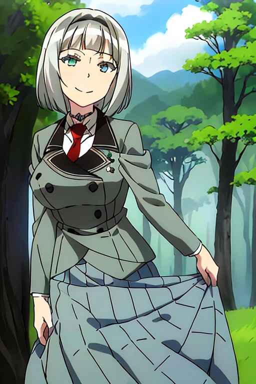 masterpiece, 1girl, anna nishikinomiya, short hair, silver hair, standing, skirt, long skirt, jacket, necktie, aqua eyes, smile, outside, forest, grass, beautiful