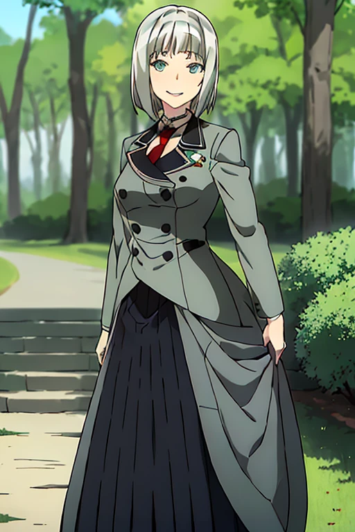 masterpiece, 1girl, anna nishikinomiya, short hair, silver hair, standing, skirt, long skirt, jacket, necktie, aqua eyes, smile, outside, forest, grass, beautiful