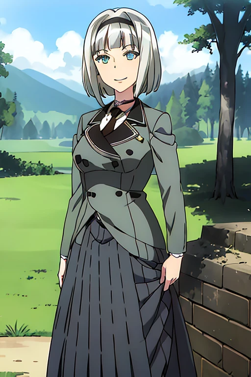 masterpiece, 1girl, anna nishikinomiya, short hair, silver hair, standing, skirt, long skirt, jacket, necktie, aqua eyes, smile, outside, forest, grass, beautiful