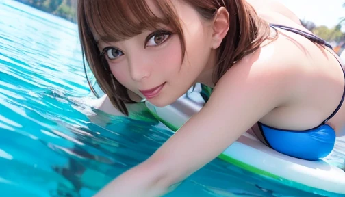 Blue sky、White Entrance Cloud、blue sea、Calm, clear water surface、(A girl straddling a surfboard floating on the water)、Holding oars、High leg bikini、、Bob Hair、Brown Hair、masterpiece、Highest quality、highest quality、16k、Highest photo quality、Detailed Background、Anatomically correct、Beautiful face、Lustrous skccurate Face、Accurate body、Accurate limbs、Accurate Fingers、(Wide-angle view、View the whole view)、