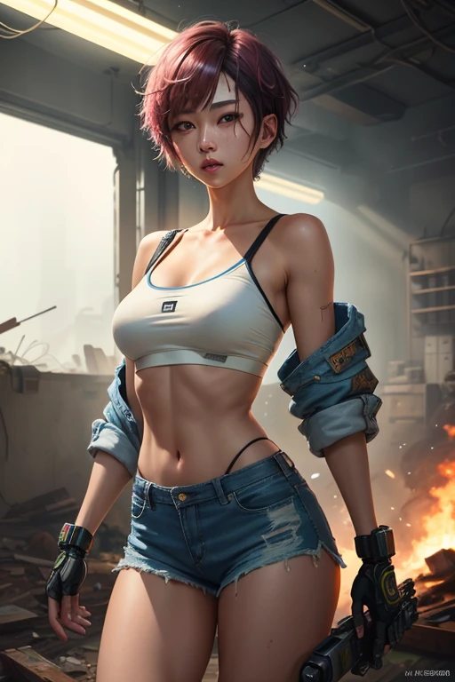 ８k，Very detailed，Digital cyberpunk art of a Japanese woman with ash-colored short hair, a white tube top and denim shorts in a battle suit exploring an abandoned laboratory