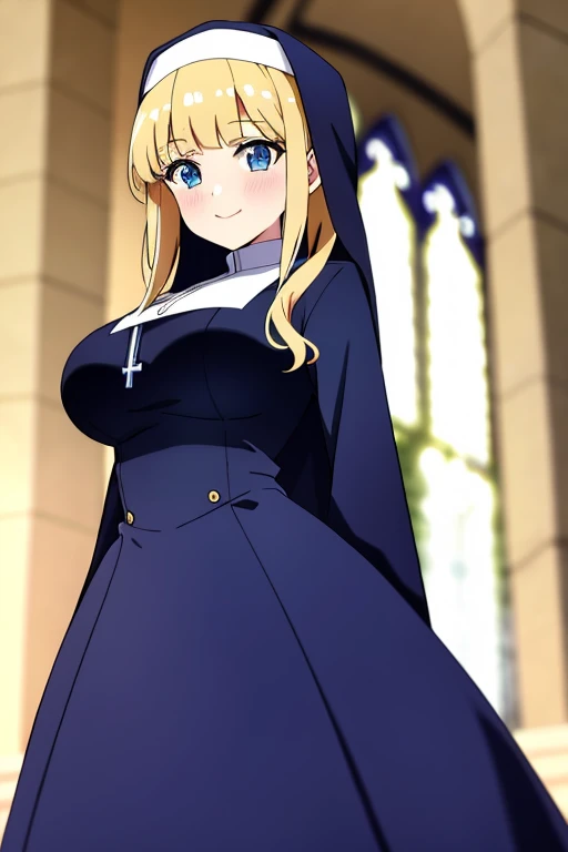 ((best quality)),((highly detailed)),masterpiece,absurdres,detailed face,beautiful face,(detailed eyes, deep eyes),1girl,((dynamic pose))  Cecily, blonde hair, breasts, long hair, blue eyes, blush, habit, large breasts, solo focus, looking at viewer, bangs, smile, dress, nun, long skirt, long sleeves, outdoors, closed mouth, blue dress, blunt bangs, blue headwear, blurry, blurry background, veil, church, sidelocks, standing, day, cowboy shot, twintails, wide sleeves, arms at sides, hair tie, depth of field