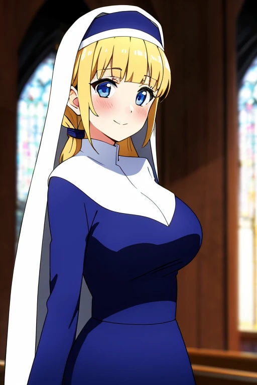 ((best quality)),((highly detailed)),masterpiece,absurdres,detailed face,beautiful face,(detailed eyes, deep eyes),1girl,((dynamic pose)) Cecily, blonde hair, breasts, long hair, blue eyes, blush, habit, large breasts, solo focus, looking at viewer, bangs, smile, dress, nun, long skirt, long sleeves, outdoors, closed mouth, blue dress, blunt bangs, blue headwear, blurry, blurry background, veil, church, sidelocks, standing, day, cowboy shot, twintails, wide sleeves, arms at sides, hair tie, depth of field
