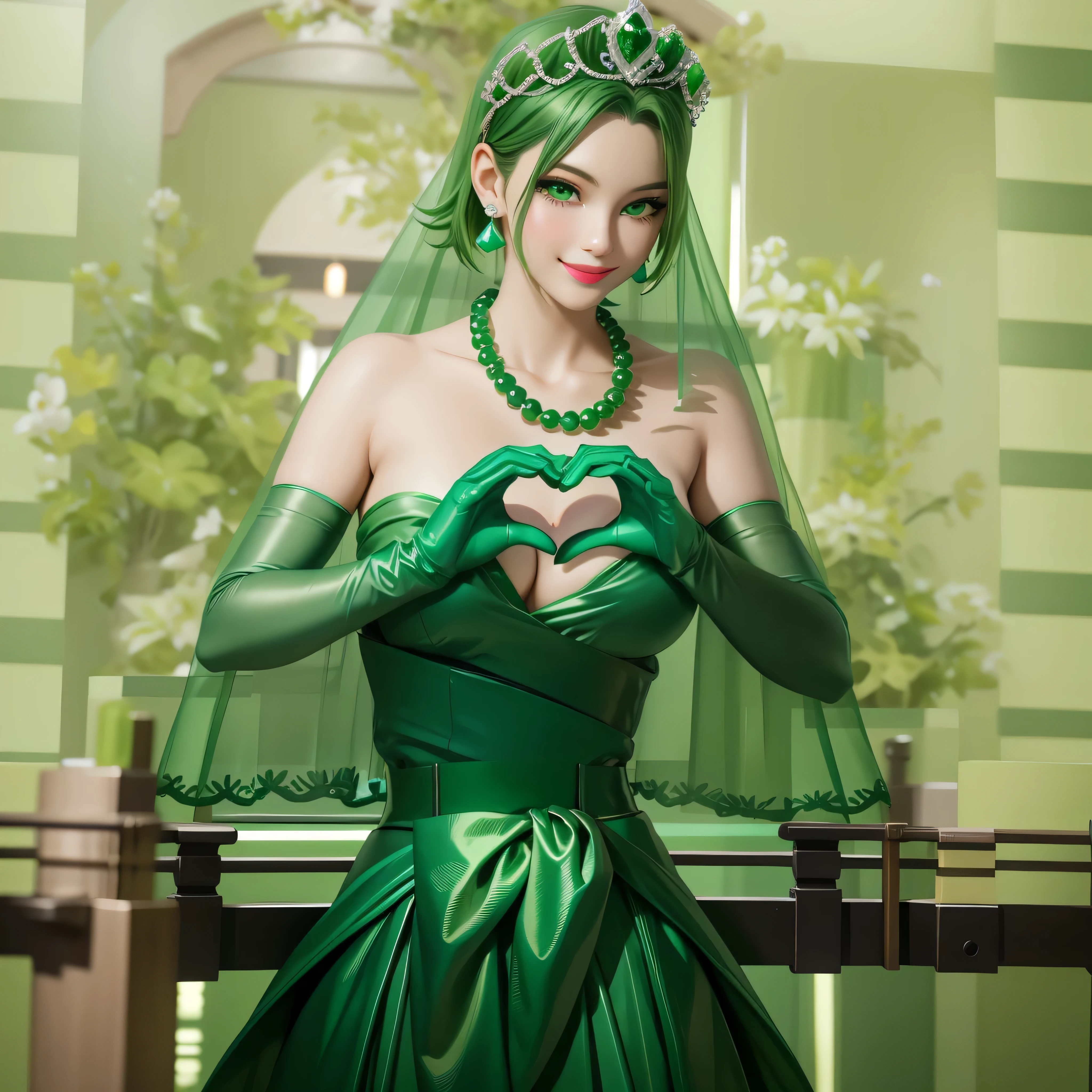 Emerald tiara, Green Pearl Necklace, Boyish very short green hair, Green Lips, Smiling Japanese woman, Very short hair, beautiful lady, Green Eyes, Green satin long gloves, Green Eyes, Emerald Earrings, Green veil, Heart with both hands, Green Hair, Beautiful Japanese Woman, Heart shaped hands:1.3, green lip gloss