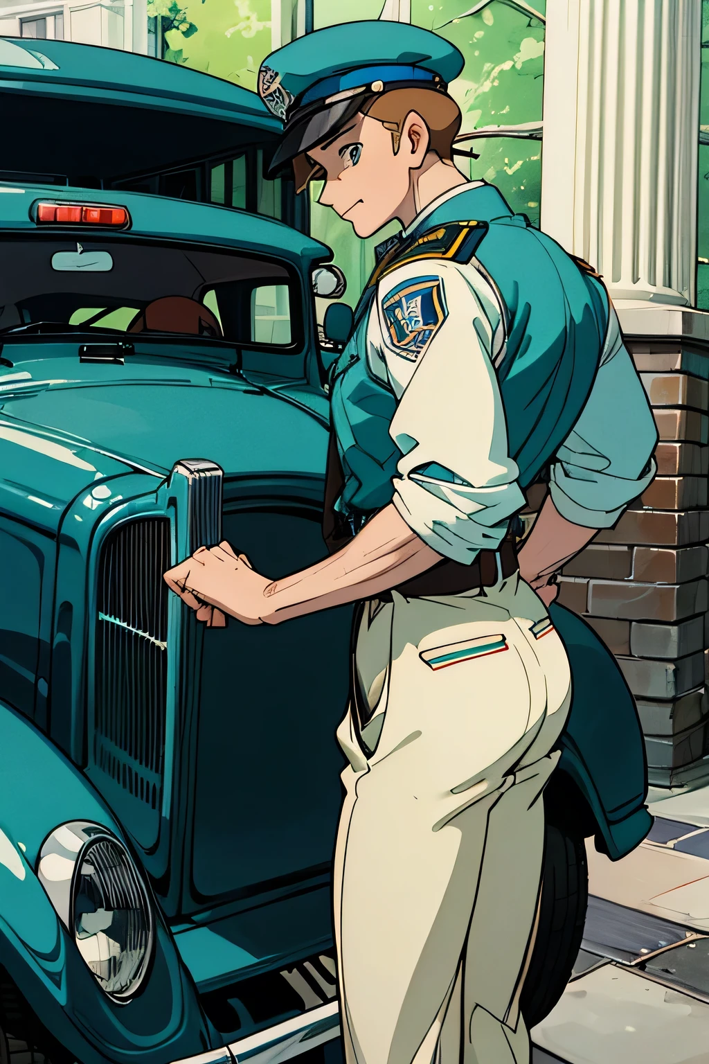 1930's U.S. Police, Adult Male, around 20 years old, pale skin, writing a ticket, beside 1940's car, close-up, dynamic pose, standing, close-up, brown hair, teal eyes, peaked cap
