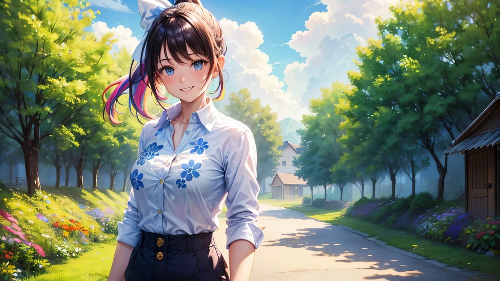 1girl, summer, village, trees, sun, clouds, ((colorful hair)), ponytail, large breasts, ((popping shirt buttons)), button down, unbuttoning buttons, blue eyes, ((floral pattern white shirt)), ((unbuttoned shirt)), ((short sleeved shirt)), shorts, brown shoes, grin, looking at the viewer, standing, hair ribbon