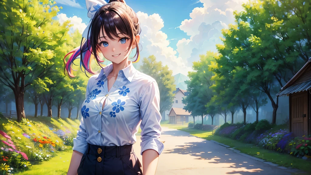 1girl, summer, village, trees, sun, clouds, ((colorful hair)), ponytail, large breasts, ((popping shirt buttons)), button down, unbuttoning buttons, blue eyes, ((floral pattern white shirt)), ((unbuttoned shirt)), ((short sleeved shirt)), shorts, brown shoes, grin, looking at the viewer, standing, hair ribbon