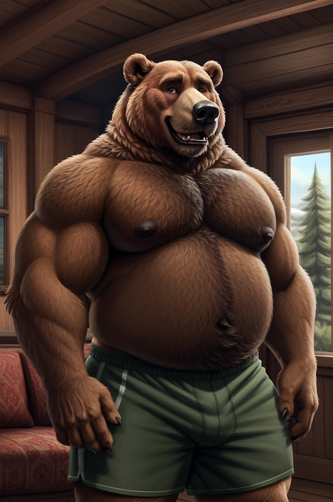 hi res, russian bear, anthro, 4 fingers, blurred background, middle aged mature male in early 40's, musclegut, musclegut anthro, musclegut male, tail, standing in living room of very realistic very detailed very accurate russian dacha house, solo, detailed background, by dramamine, by nanoff, by minedoo, by dream_and_nightmare, by horrorbuns, very fluffy detailed multi tone bear fur, full body view, realistic bear fur pattern, colors, and markings, very calm very happy face, very calm casual happy pose, scruffy, frontal view, fully front facing view, russian, slavic, eastern european, very tall stocky body, dad bod, dilf, open mouth, showing teeth, detailed medium sized nipples, nipple tips and areolas, open eyes, pupils, summer, nude male, high quality, masterpiece, perked up ears, very hairy hirsute body, facing viewer, looking at viewer, smiling, smiling at viewer, without text, indoors, closeup, dark nipples, detailed huge pecs and moobs, realistic detailed slightly big belly, very realistic body proportions, very tough and manly, detailed bear teeth, high angle shot, bottomwear, wearing detailed black track shorts, realistic slight belly overhang, happy trail, hdr, 8k, chubby arms, 