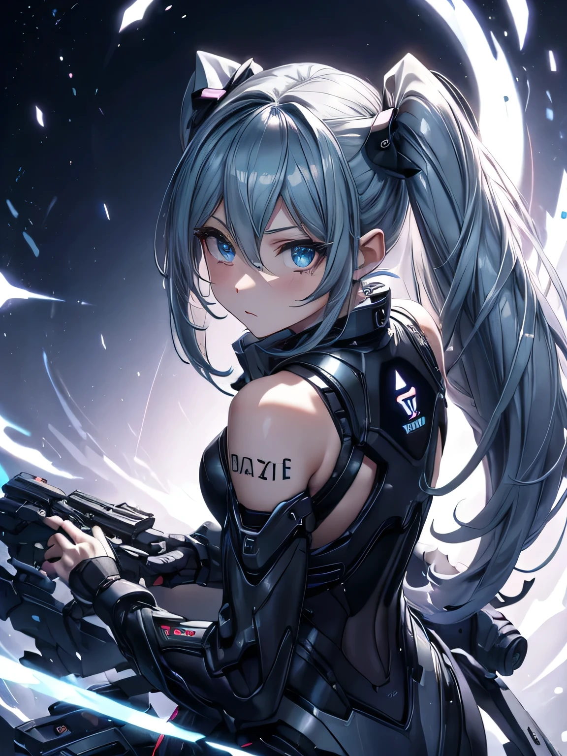 (Maxima calidad), ((la mejor definicion)) Miku Hatsune ojos azul intenso ((la mejor calidad)), recostada sobre su lado izquierdo, pose medio lateral, descalza, patas bien definidas, la mejor calidad, distopic future landscape al atardecer, dinamic pose, action atack
