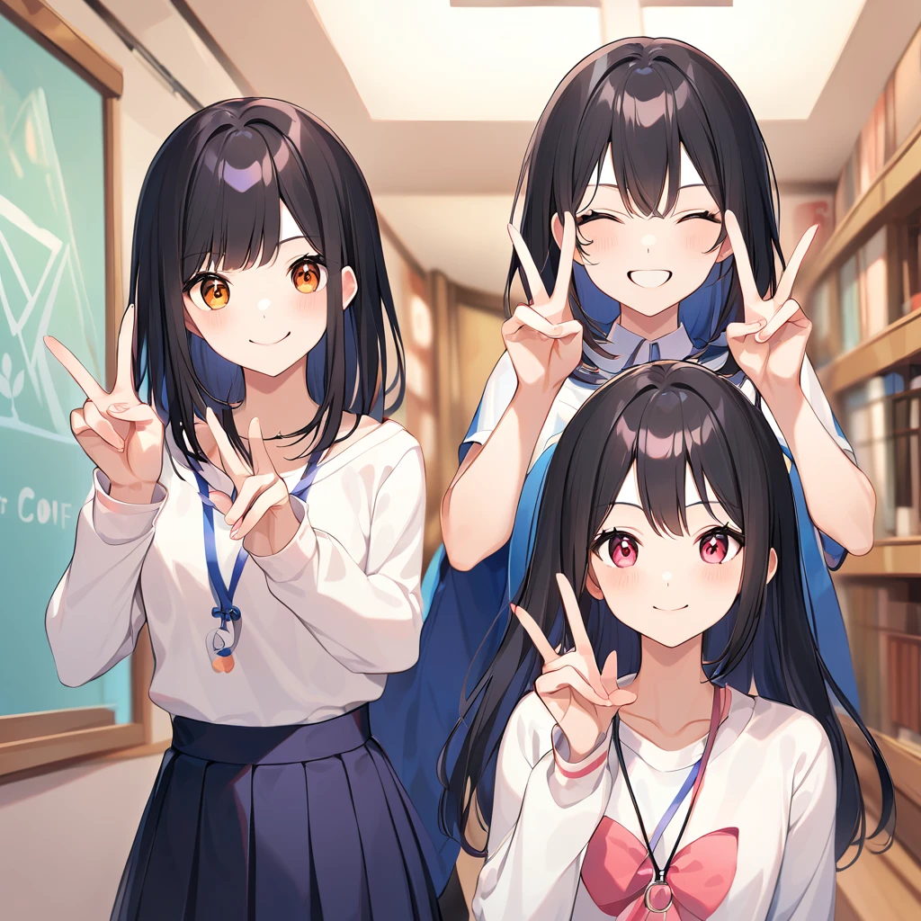A confident smile, Making a peace sign,two students demonstrating a gesture commonly associated with a peace sign while speaking by tele食事, skirt, Black Hair, indoor, smartphone, shirt, ((((complete fiでe fingers))))