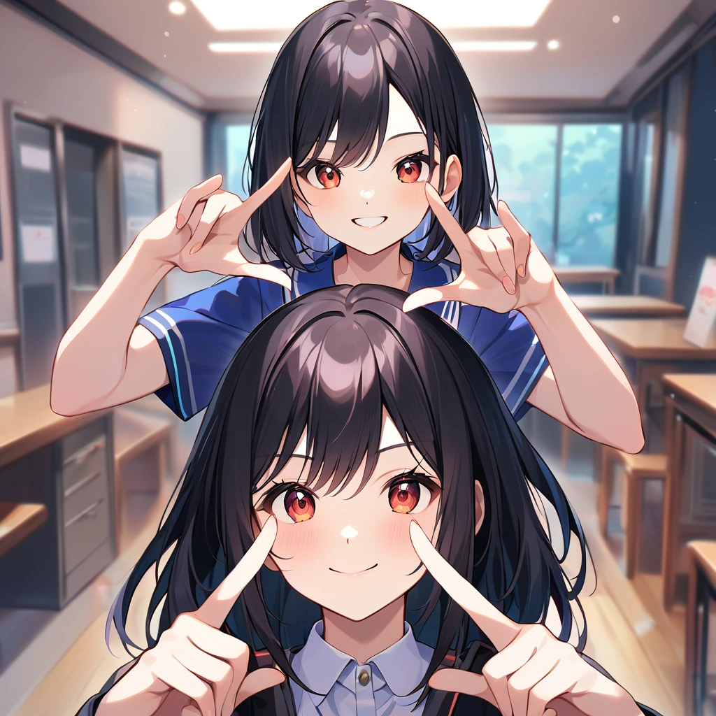 A confident smile, Making a peace sign,two students demonstrating a gesture commonly associated with a peace sign while speaking by tele食事, skirt, Black Hair, indoor, smartphone, shirt, ((((complete fiでe fingers))))