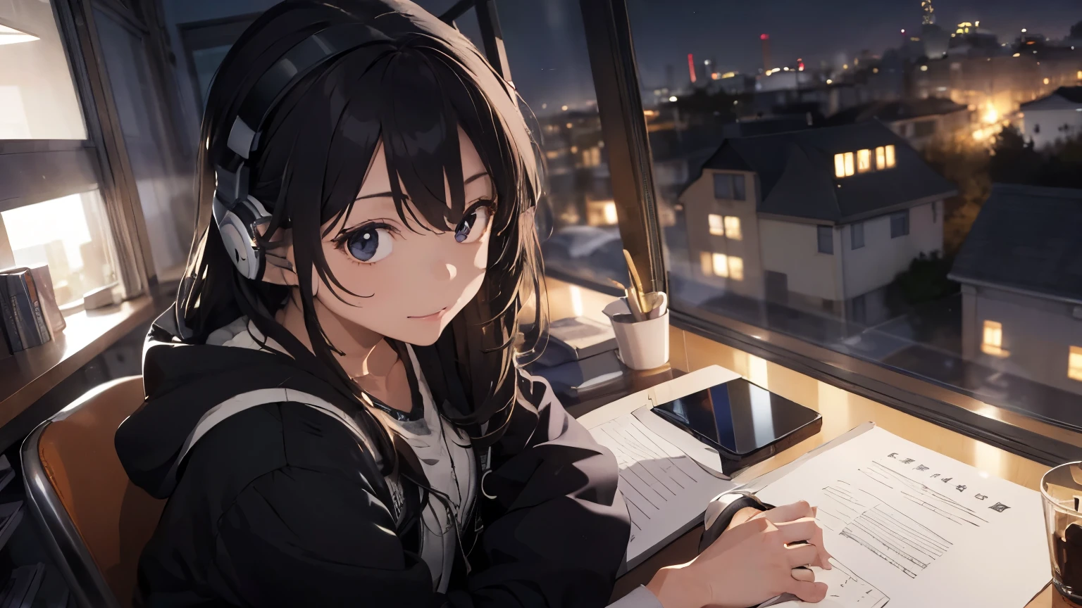 ((highest quality)), Girl with headphones,Studying in the study,Outside the window is night