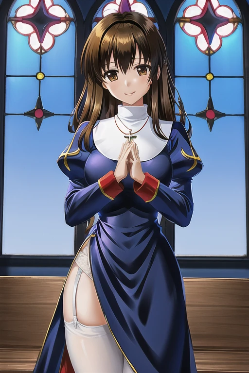 priestRO, long sleeves, pantyhose, thighhighs, garter belt, white gloves, long skirt. shoes, long dress, puffy sleeves, turtleneck,
necklace, cross necklace,
brown hair, brown eye, long hair,
standing, ((praying)), own hands togather,
looking at viewer, smile,
upper body, medium shot, cowboy shot,
catholic church, light through window,  church, stained glass, wooden bench,