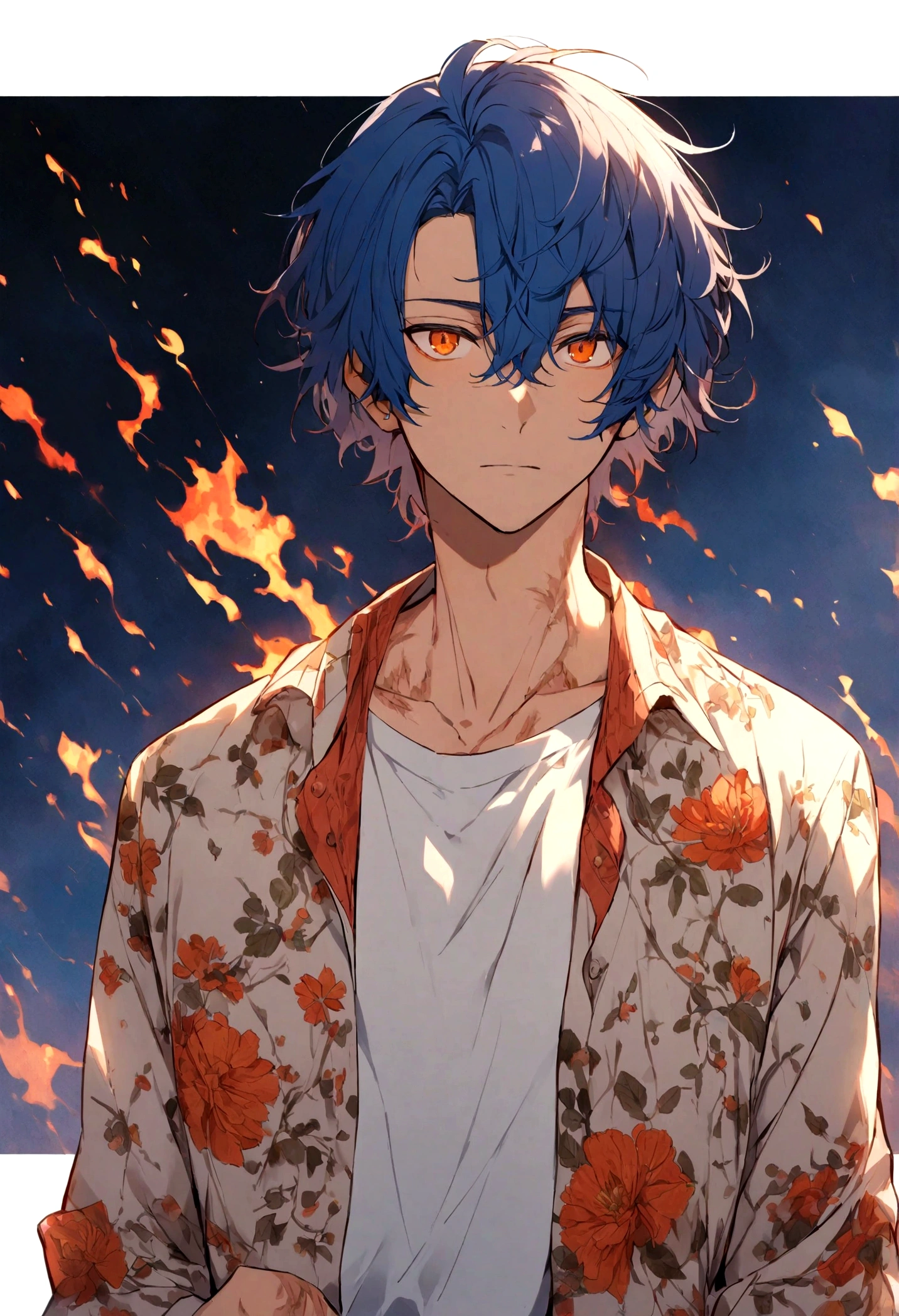 boy, man, male, navy blue hair, short hair, orange eyes, scars all over his body, uses casual clothes