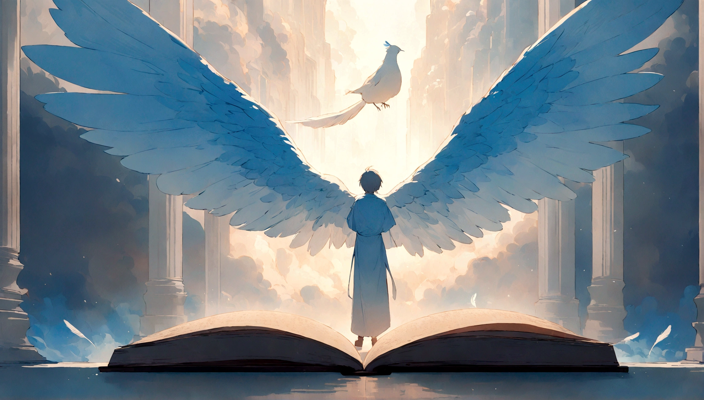masterpiece, 4k, sharp focus, highest quality,wide shot. Imagine a book cover that conveys a sense of nostalgia and storytelling. The title of the book is " Penamemoria". Is a book about the creative, unique journey of a boy into becoming a musician storyteller. In his journey he finds a magical feather and a dreamy bird. Minimalistic, modern, dreamy logotype at the bottom of the book cover
