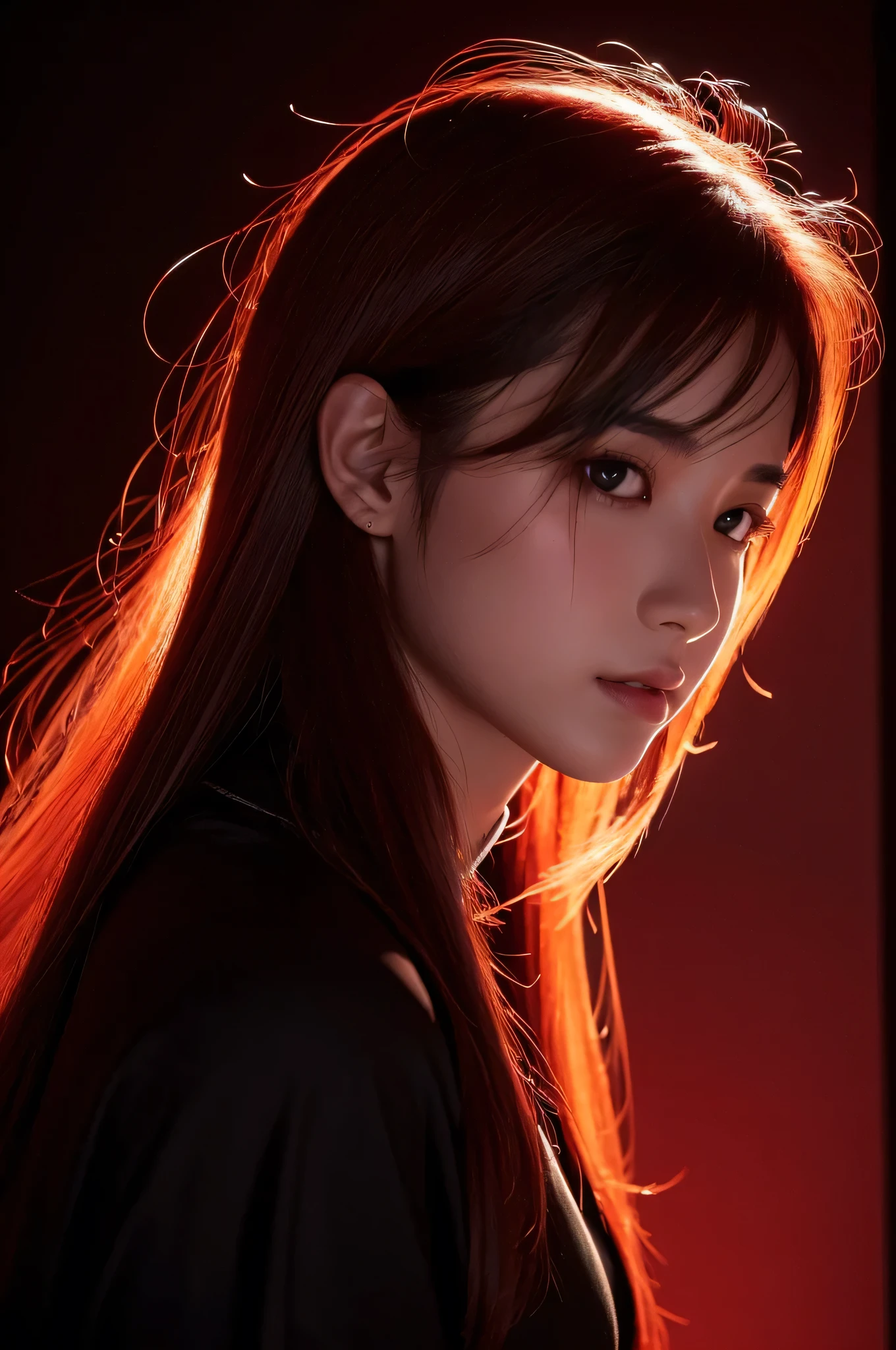 This image is、It&#39;s a profile shot of a woman, done in a very artistic and minimalist style.。Below is the detailed prompt for the image。

--- In the center of the image、A close-up of a woman&#39;s profile。Her face is smooth、It has distinctive shiny black skin。The eyes are closed、Has a calm and relaxed look。High nose bridge、Lips have a natural shape。Her face is very simple、Overall drawn with smooth lines。

Her hair is abstracted.、Bright red lights flow against a black background。This red light emphasizes the flow of the hair.、It gives movement and energy to the whole image.。My hair is as soft as smoke or mist、It spreads out while drawing a flowing curve.。

The background is simple black.、It is designed to highlight the red light in the woman&#39;s face and hair.。This simple background、Gives the whole image a modern and minimalist feel、It focuses the visual focus on the woman&#39;s face and her hair.。

The use of light is very effective、Especially when the red light shines on the hair、It gives depth and dimension to the image.。Beautiful contrast of light and shadow、It&#39;s a simple yet very striking visual effect.。

Overall、This image has a very modern and artistic feel.、A perfect mix of minimalist aesthetics and fantasy elements.。Images that incorporate Japanese culture and modern elements that users like.、It is a very fascinating piece.。