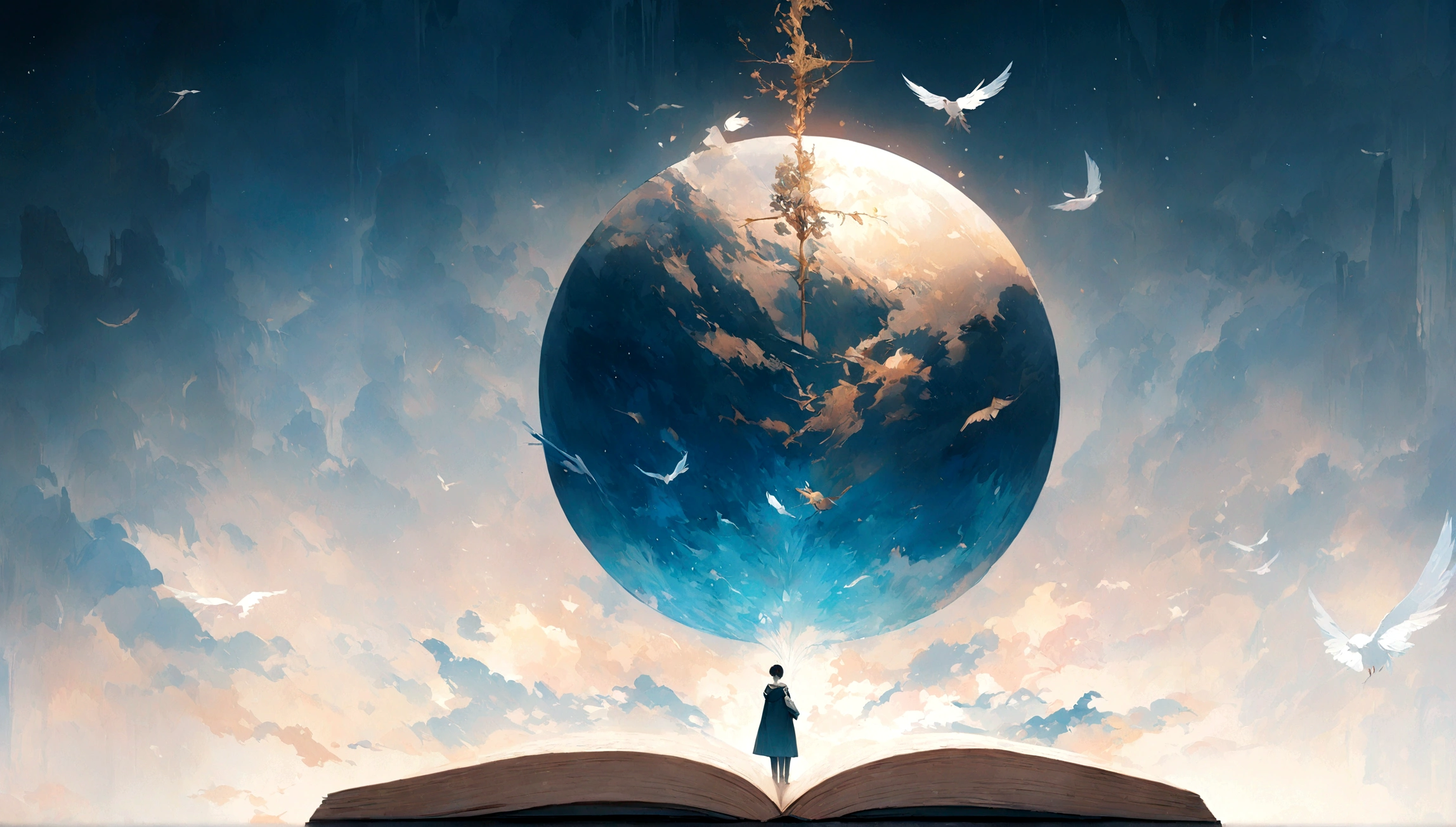 masterpiece, 4k, sharp focus, highest quality,wide shot. Imagine a book cover that conveys a sense of nostalgia and storytelling. The title of the book is " Penamemoria". Is a book about the creative, unique journey of a boy into becoming a musician storyteller. In his journey he finds a magical feather and a dreamy bird. Minimalistic, modern, dreamy logotype at the bottom of the book cover