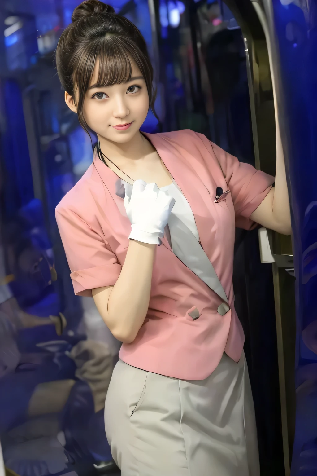 (masterpiece:1.2, highest quality:1.2), 32K HDR, High resolution, (alone、1 girl)、(On the rooftop of a building in the daytime、Professional Lighting)、Building rooftop background、(Nankai train crew uniform pinkを着たリアルスタイル)、(Nankai train crew uniform pink short sleeve pink jacket、Nankai Train Crew Uniform Pink Collarless Short Sleeve Blouse、Nankai Train crew uniform pinkのグレー色のキュロットスカート)、Dark brown hair、(Hair tied up、Hair Bun、Hair Bun)、Dark brown hair、Long Shot、Big Breasts、Thin legs、((Great hands:2.0)),((Harmonious body proportions:1.5)),((Normal limbs:2.0)),((Normal finger:2.0)),((Delicate eyes:2.0)),((Normal eyes:2.0)))、smile、(Nankai Train crew uniform pinkのグレー色のキュロットスカートを見せた美しい歩く姿)、Keep your hands natural