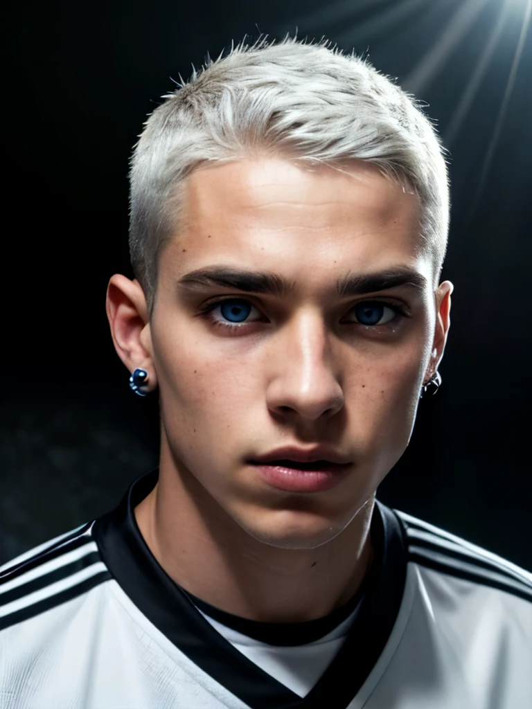 Polish soccer forward. 26 years old. White hair. Clip cuit. Short hair. White skin. Blue eyes. Black eyebrows. No facehair. Freckles. Dramatic light. Portrait. Male. Black jersey. Small black earrings. Masterpiece, best quality, 4k, portrait, very detailed.