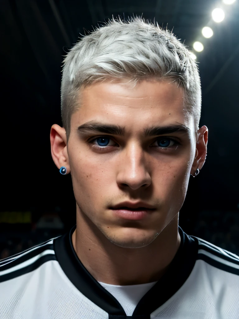 Polish soccer forward. 26 years old. White hair. Clip cuit. Short hair. White skin. Blue eyes. Black eyebrows. No facehair. Freckles. Dramatic light. Portrait. Male. Black jersey. Small black earrings. Masterpiece, best quality, 4k, portrait, very detailed.