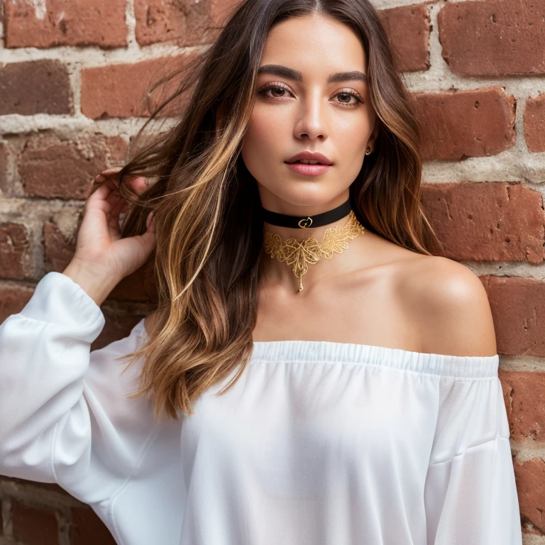 ultra realistic 8k cg, masterpiece, ((ultra detailed background, delicate pattern, intricate detail)), best quality, intricate details, chromatic aberration, 1girl, long hair, golden hair, messy hair, red highlights, hair over one eye, sharp eyes, choker, brick wall, graffiti, dim lighting, alley, oversized shirt,off shoulder, see through white shirt, Masterpiece, best quality