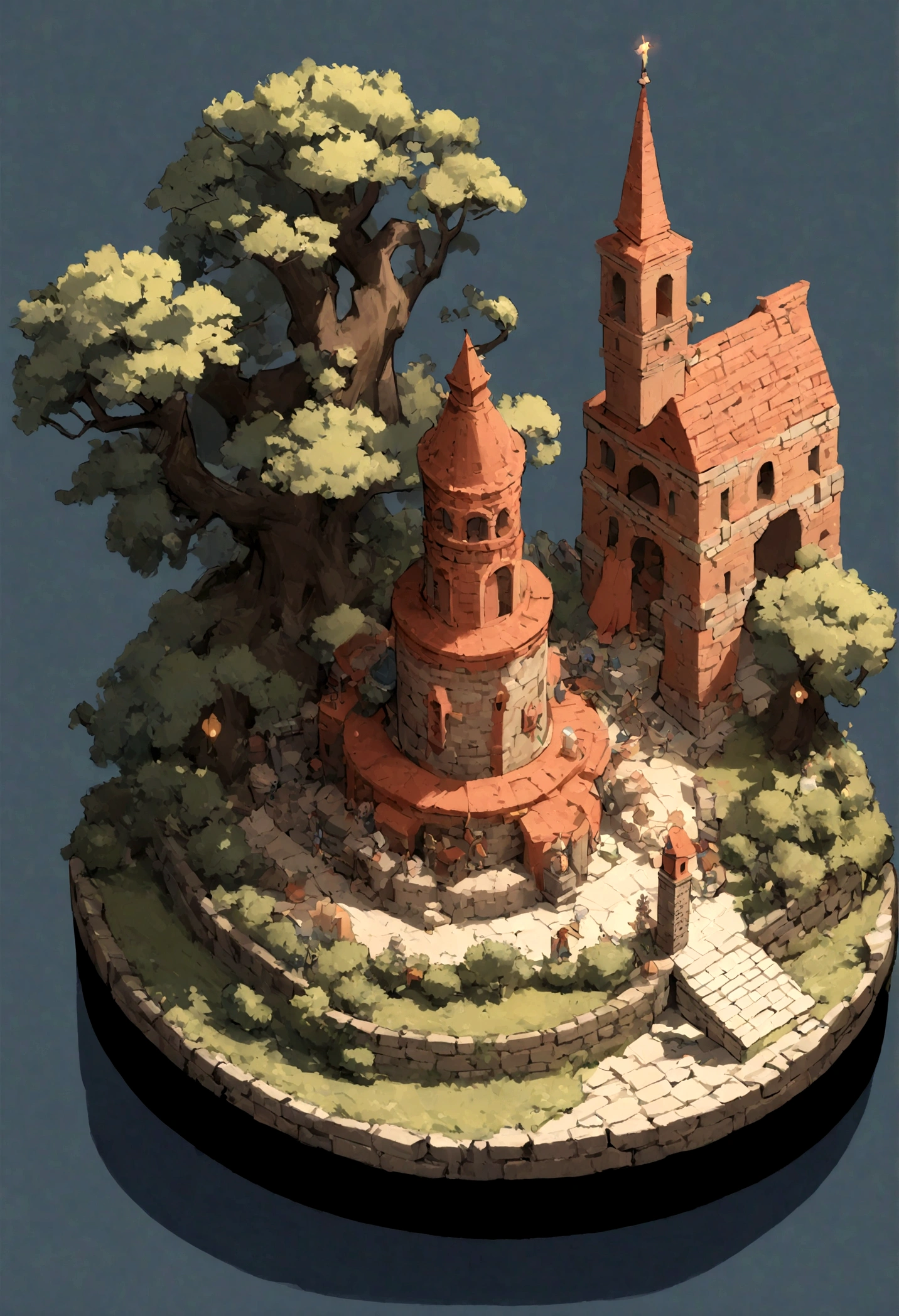 absurdres, best quality, fantasy, isometric, knolling style of (miniature brick round tower:1.2), tree, stone wall, (simple background:1.2)