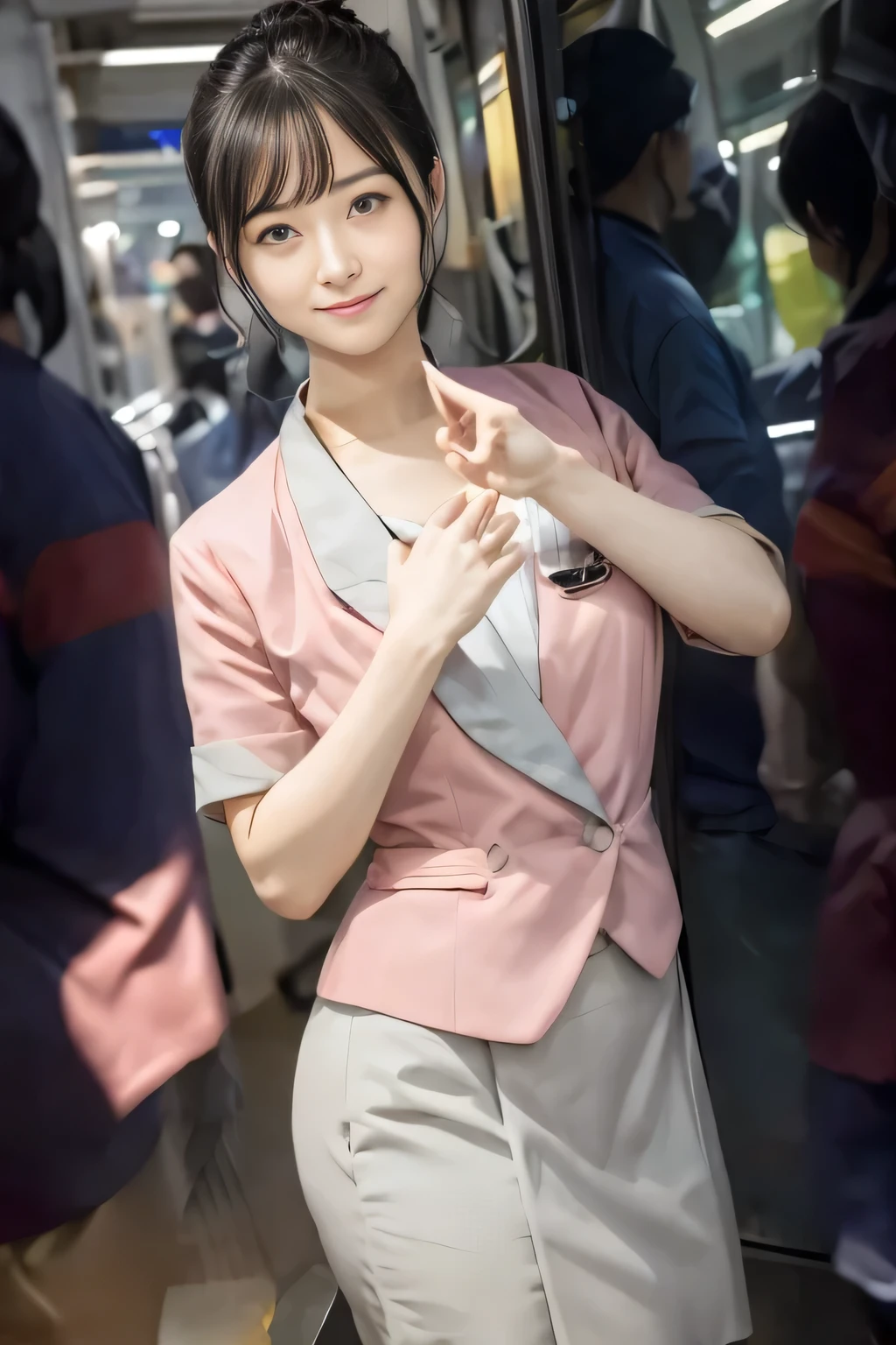 (masterpiece:1.2, highest quality:1.2), 32K HDR, High resolution, (alone、1 girl)、（On the rooftop of a building in the daytime、Professional Lighting）、Building rooftop background、（Nankai train crew uniform pinkを着たリアルスタイル）、（Nankai train crew uniform pink short sleeve pink jacket、Nankai Train Crew Uniform Pink Collarless Short Sleeve Blouse、Nankai Train crew uniform pinkのグレー色のキュロットスカート）、Dark brown hair、（Hair tied up、Hair Bun、Hair Bun）、Dark brown hair、Long Shot、Big Breasts、Thin legs、（（Great hands：2.0）），（（Harmonious body proportions：1.5）），（（Normal limbs：2.0）），（（Normal finger：2.0）），（（Delicate eyes：2.0）），（（Normal eyes：2.0））)、smile、（Nankai Train crew uniform pinkのグレー色のキュロットスカートを見せた美しい歩く姿）、Keep your hands natural