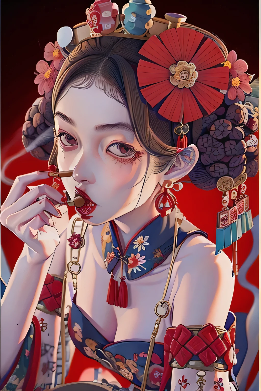Oiran、cheongsam、Turn around、the whole、full body Esbian、Smoke pipes、kiseru、Overall view、Gorgeous cheongsam、Sister sitting、Blow up the smoke pipe. Flowers with blood