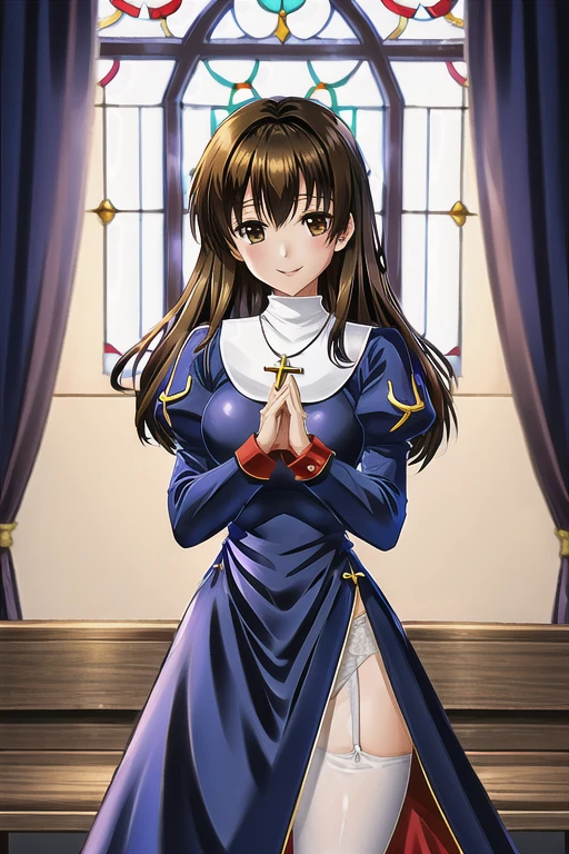 priestRO, long sleeves, pantyhose, thighhighs, garter belt, white gloves, long skirt. shoes, cape, long dress, puffy sleeves, turtleneck,
necklace, cross necklace,
brown hair, brown eye, long hair,
standing, ((praying)), own hands togather,
looking at viewer, smile,
upper body, medium shot, cowboy shot,
catholic church, light through window,  church, stained glass, wooden bench,