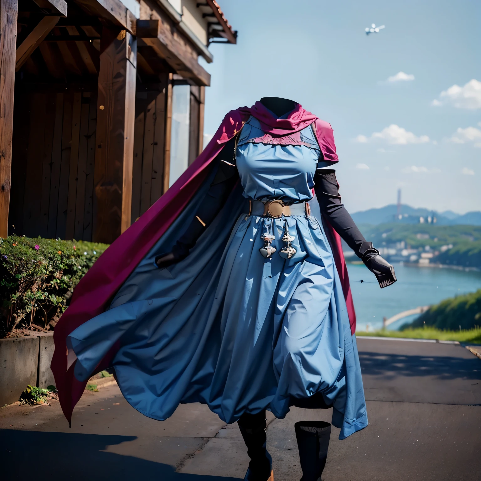 barbara \(dq6\),1 girl,(cape:1.2),(blue dress:1.4),belt,elbow gloves,(socks:1.1),boots, cute big breasts, (invisible, no human, headless, handless:1.5), (8k, RAW photo, best quality, masterpiece:1.2), (realistic, photo-realistic:1.37), photon mapping, radiosity, ((Hasselblad photography)), physically-based rendering