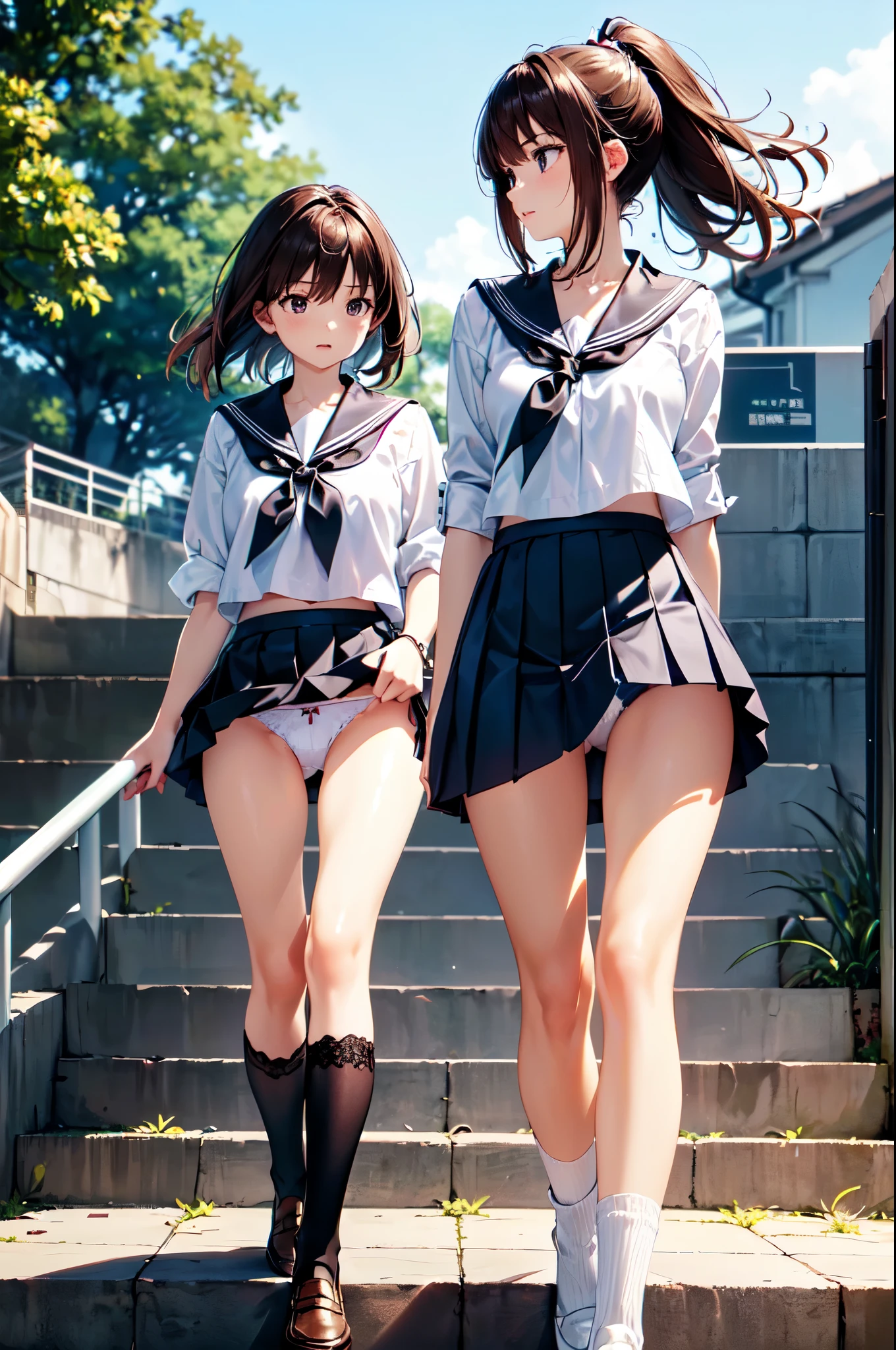 (((masterpiece, highest quality, High resolution, 超High resolution, Perfect Pixel, Depth of written boundary, 4K, RTTX 10.0, High resolution))), Beautiful Anime Woman, Beautiful art style, Anime characters, ((Long Hair, bangs, Dark brown hair, ponytail)), ((Smooth texture, Realistic texture, Anime CG Style)), Perfect body, (Slender body:1.2), Exact finger count、Exact number of legs、(Exact number of arms:1.0, Exact number of hands:1.0), Best Shadow, The best natural light, Cinematic, Realistic, highest quality, High resolution, Perfect lighting, Extremely detailed CG, (Perfect hands, Perfect Anatomy), Daytime lighting, whole body, (Two adult women walking down the stairs:1.4), (Brown Hair,), (Fashionable white shirt, Sailor collar, Knee-high socks, loafers, Pleated mini skirt:1.3)、Angle from the front, ((The wind blows up her skirt and her panties are visible:1.1)), ((Stylish shiny satin panties, Side-tie white panties:1.3), (black lace trim:1.3)), (Beautiful and thin thighs:1.3), Feeling embarrassed, Embarrassed expression, Surprised expression, (Station stairs:1.3)