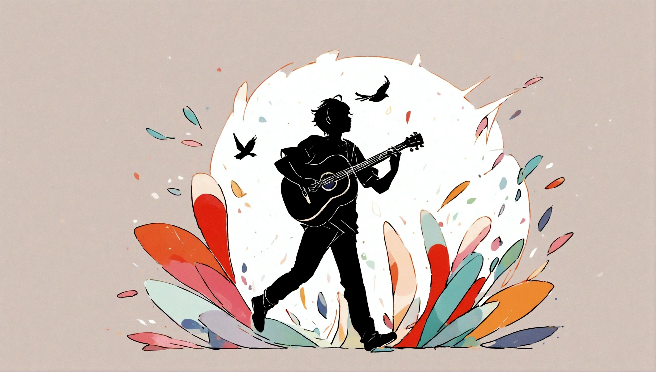 Create a modern, minimalistic logo design for a brand about music and movies called " PENAMEMORIA" . The logo must be in minimalistic style and convey a sense of storytelling. The logo is a simple silhouette of a boy happily running with open arms and holding an acoustic guitar in his right hand. The boy is playing with a bird and a feather. Modern logo, unique, creative, fantastic.