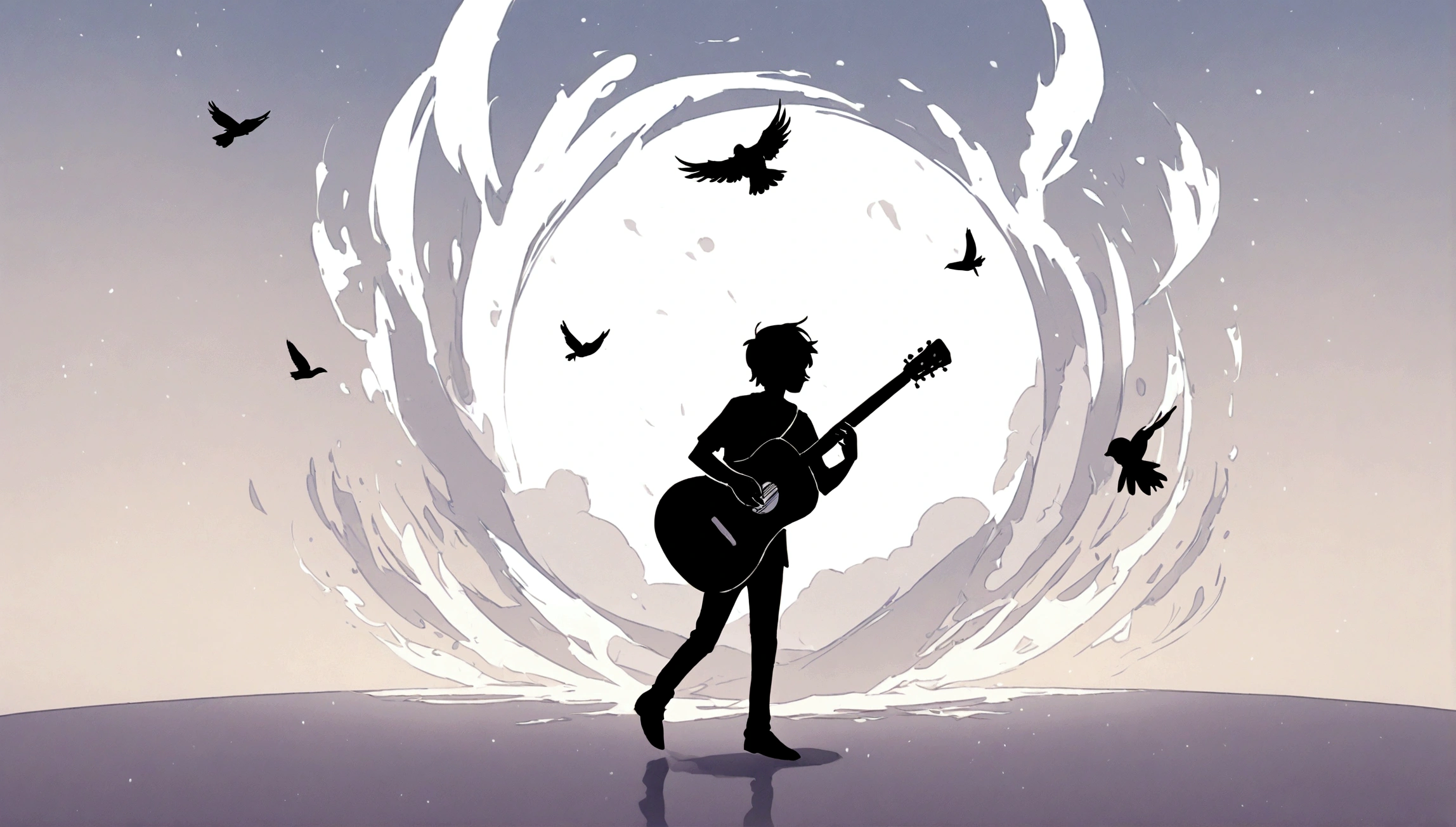 Create a modern, minimalistic logo design for a brand about music and movies called " PENAMEMORIA" . The logo must be in minimalistic style and convey a sense of storytelling. The logo is a simple silhouette of a boy happily running with open arms and holding an acoustic guitar in his right hand. The boy is playing with a bird and a feather. Modern logo, unique, creative, fantastic.
