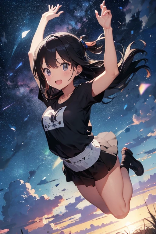 A woman with medium-long black hair is jumping under the open sky、(Uplifting)、high resolution、