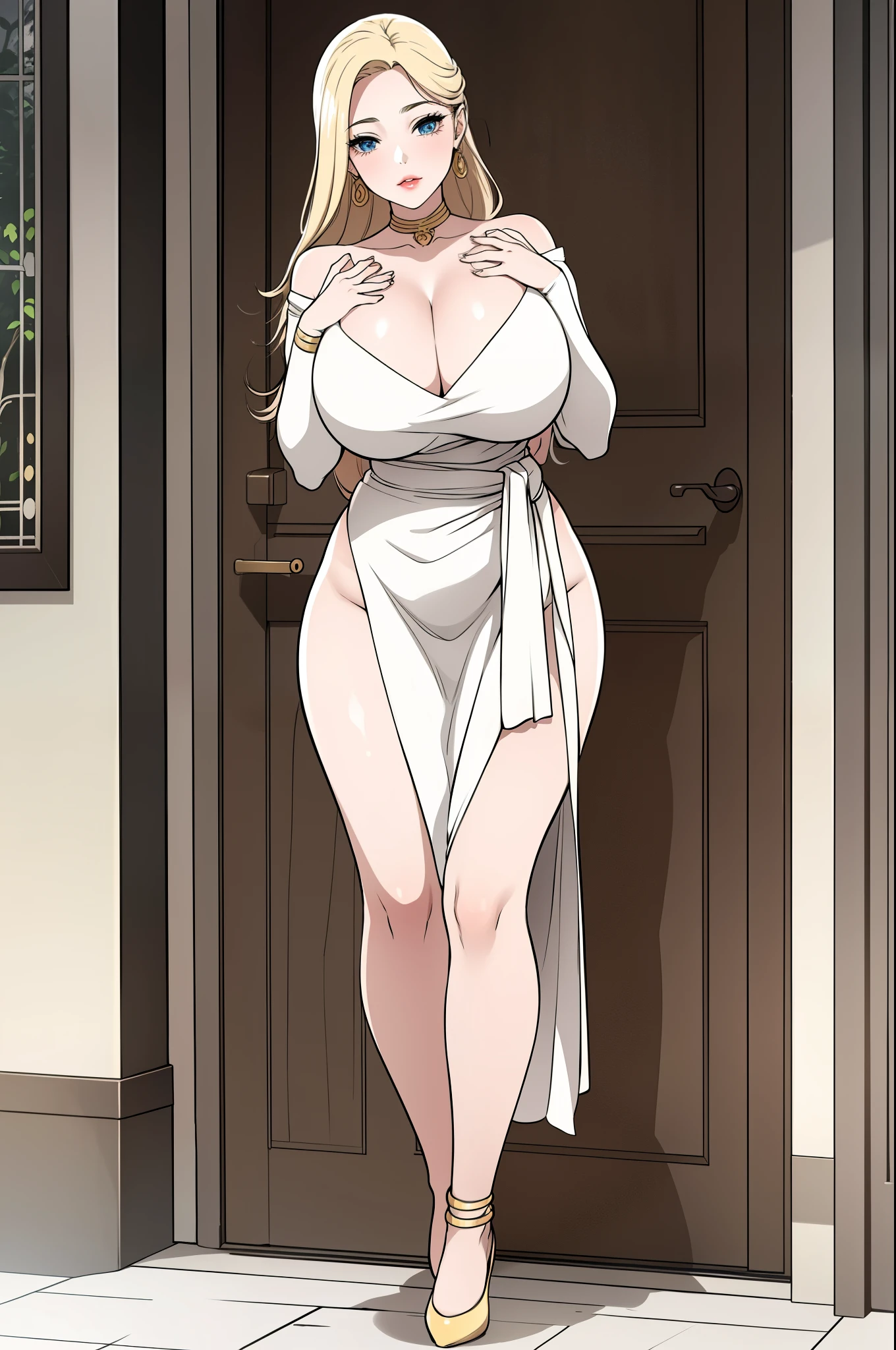 An extremely beautiful busty woman with gold blonde long silky hair, blue oceanic eyes, extremely super bright snow white fair stunning flawless glowing lush shiny white skin, and complexion, a perfect tight hourglass figure, a thick plump ass, cleavage, and perfect hips, wearing a short sexy loose revealing white floral dress with a red sash around the waist and a light brown off-shoulder cardigan, yellow heels, jewelry on the neck, gold bangles on her wrist, and anklets on her legs, gold earrings, a cute adorable smile, pink puffy lips, pink nails, red rose on hair, standing straight, hands joined together, looking at the viewer, big garden in the background, day time, show full body from head to feet.