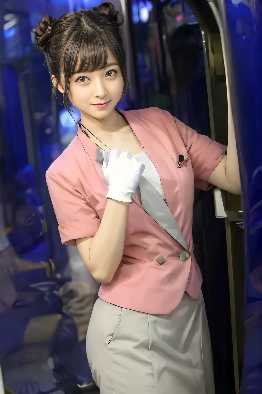 (masterpiece:1.2, highest quality:1.2), 32K HDR, High resolution, (alone、1 girl)、（On the rooftop of a building in the daytime、Professional Lighting）、Building rooftop background、（Nankai train crew uniform pinkを着たリアルスタイル）、（Nankai train crew uniform pink short sleeve pink jacket、Nankai Train Crew Uniform Pink Collarless Short Sleeve Blouse、Nankai Train crew uniform pinkのグレー色のキュロットスカート）、Dark brown hair、（Hair tied up、Hair Bun、Hair Bun）、Dark brown hair、Long Shot、Big Breasts、Thin legs、（（Great hands：2.0）），（（Harmonious body proportions：1.5）），（（Normal limbs：2.0）），（（Normal finger：2.0）），（（Delicate eyes：2.0）），（（Normal eyes：2.0））)、smile、（Nankai Train crew uniform pinkのグレー色のキュロットスカートを見せた美しい歩く姿）、Keep your hands natural