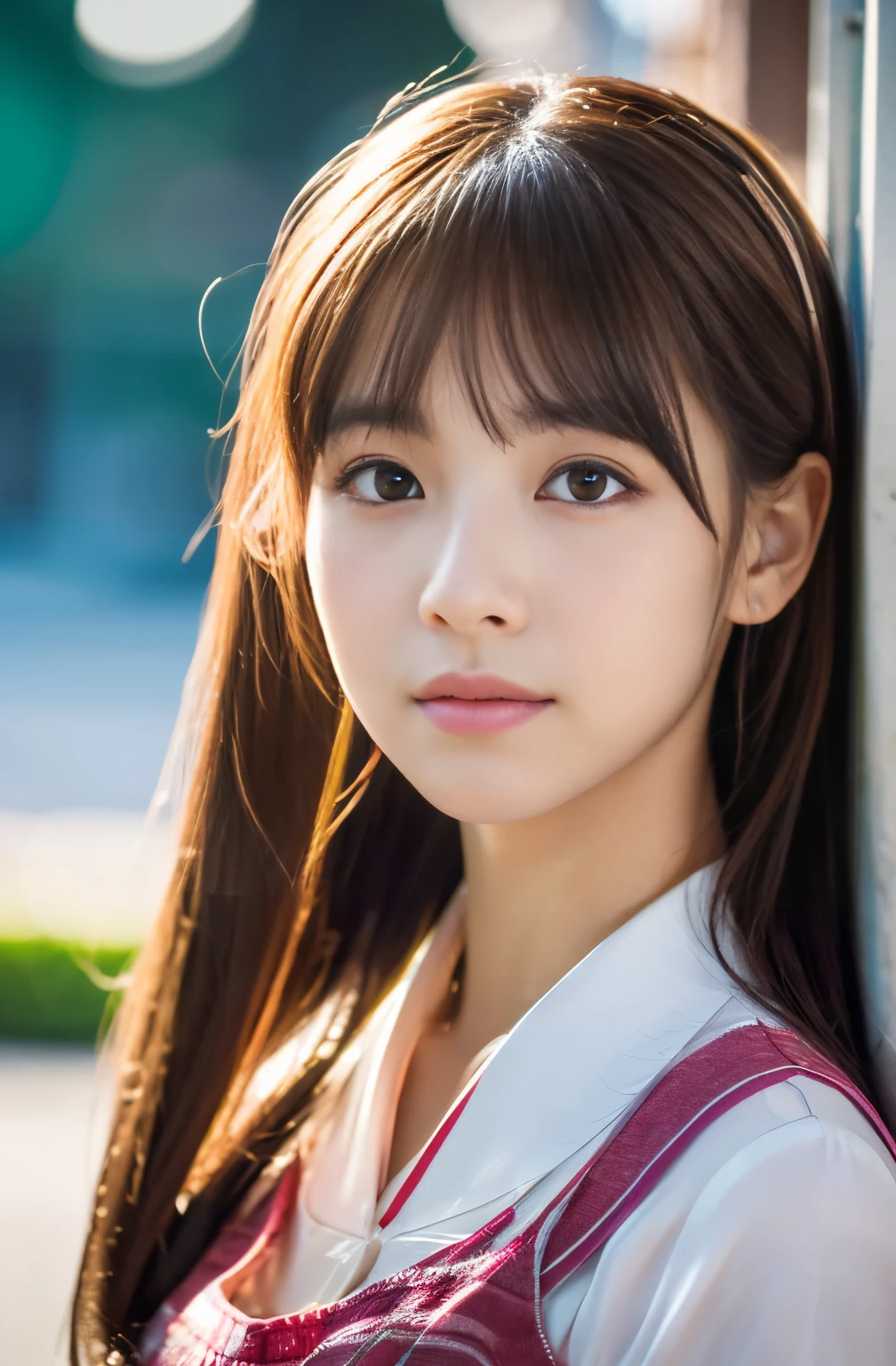 Photorealistic images of solo idols, looks like anime heroin, Radiates charm and beauty. The image iust reflect a real person of the highest quality, Powered by Ultra-HD (16 K) resolution, crisp detail, Vivid colors, Dynamic Range, Soft bokeh, Delicate texture, Realistic realism, Pin Sharp Focus. 、The camera setup is、Nikon D850 and NIKKOR Z 58mm     F。/0.95 S Noct lens,  The setting must be ISO , F/0.95, Shutter speed is 1/60.