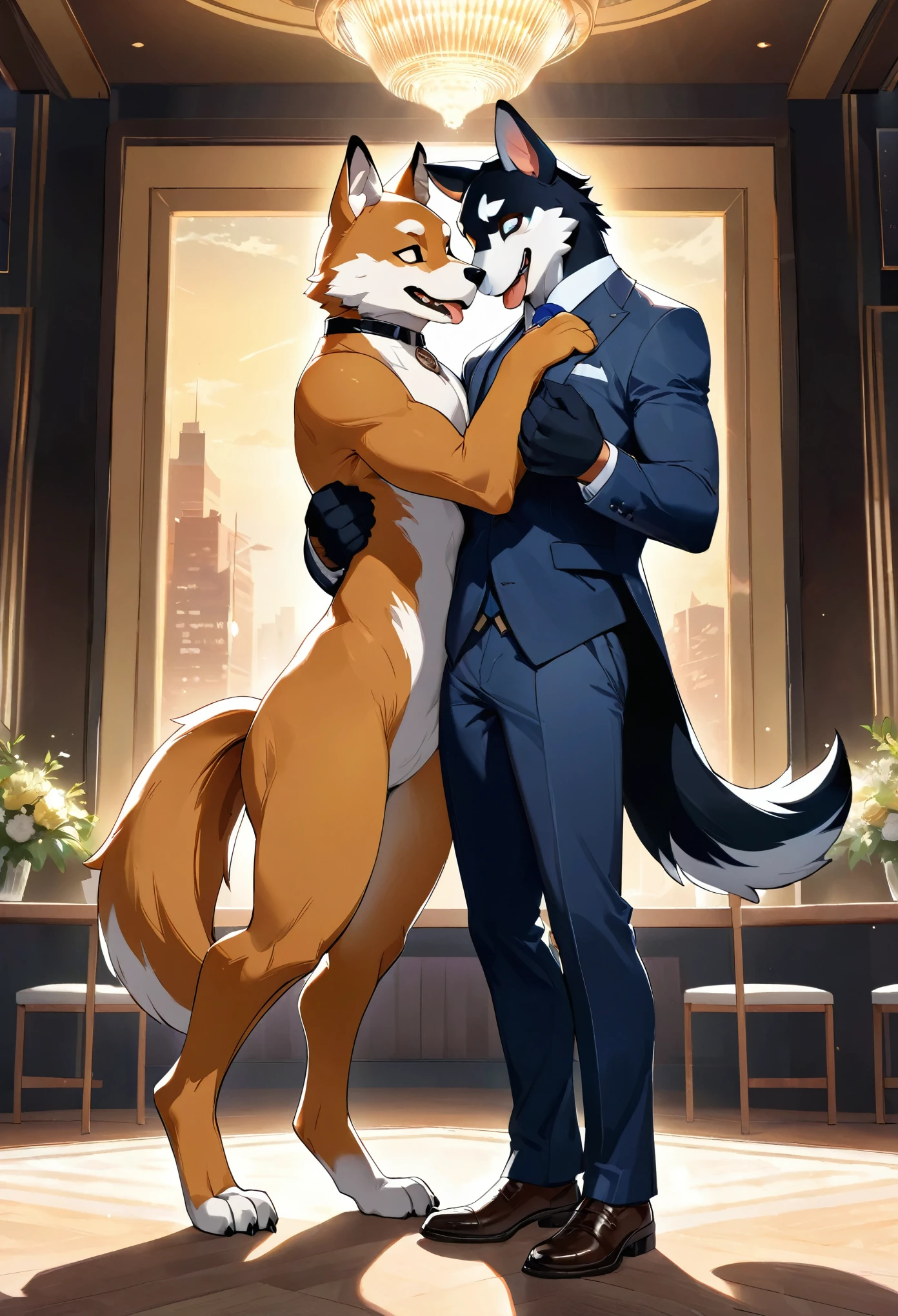 cover page, highres, top quality, best quality, paid reward available, unparalleled masterpiece, perfect artwork, absurdres, High-quality illustrations, super high resolution, detailed background, perfect anatomy(handsome 2boy, kemono, suits, furry anthro, Furry body, dog facial features, dog body features)standing, dancing, hugs, smile, happy, cinematic lighting,