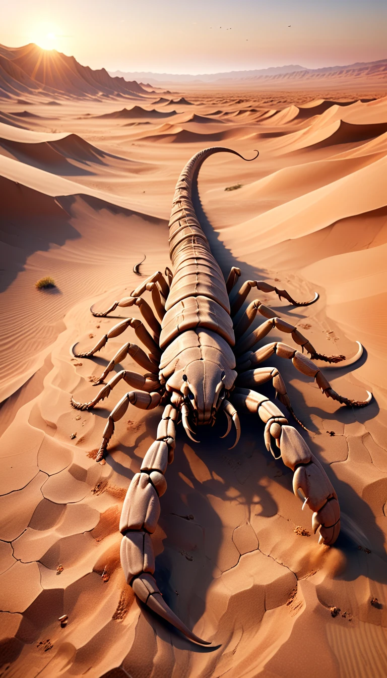 
A creature lurking mainly in desert areas. It measures about 8 meters in length and weighs approximately 500 kilograms. Its appearance blends with the sand, making it difficult to see. It has tough skin and a poisonous stinger at the end of its tail. Although it doesn't move actively, its top speed exceeds 80 kilometers per hour when it does move. When exploring desert areas, always be cautious of the Death Reaper.a large scorpion in the desert. The background shows sand dunes with the sun setting on the horizon, casting long shadows of the scorpion. The texture and details are realistic