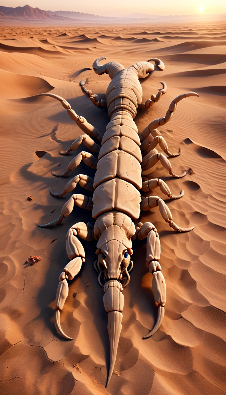 
A creature lurking mainly in desert areas. It measures about 8 meters in length and weighs approximately 500 kilograms. Its appearance blends with the sand, making it difficult to see. It has tough skin and a poisonous stinger at the end of its tail. Although it doesn't move actively, its top speed exceeds 80 kilometers per hour when it does move. When exploring desert areas, always be cautious of the Death Reaper.a large scorpion in the desert. The background shows sand dunes with the sun setting on the horizon, casting long shadows of the scorpion. The texture and details are realistic