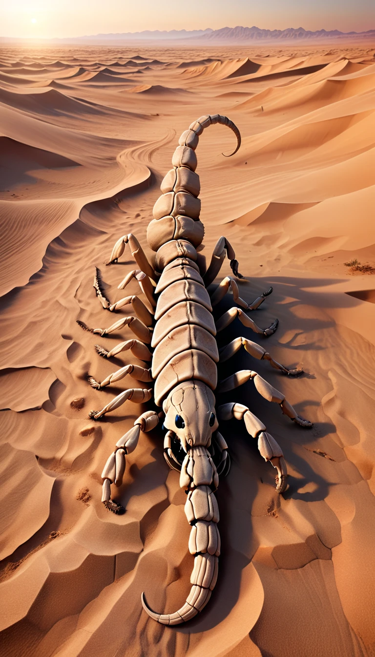 
A creature lurking mainly in desert areas. It measures about 8 meters in length and weighs approximately 500 kilograms. Its appearance blends with the sand, making it difficult to see. It has tough skin and a poisonous stinger at the end of its tail. Although it doesn't move actively, its top speed exceeds 80 kilometers per hour when it does move. When exploring desert areas, always be cautious of the Death Reaper.a large scorpion in the desert. The background shows sand dunes with the sun setting on the horizon, casting long shadows of the scorpion. The texture and details are realistic